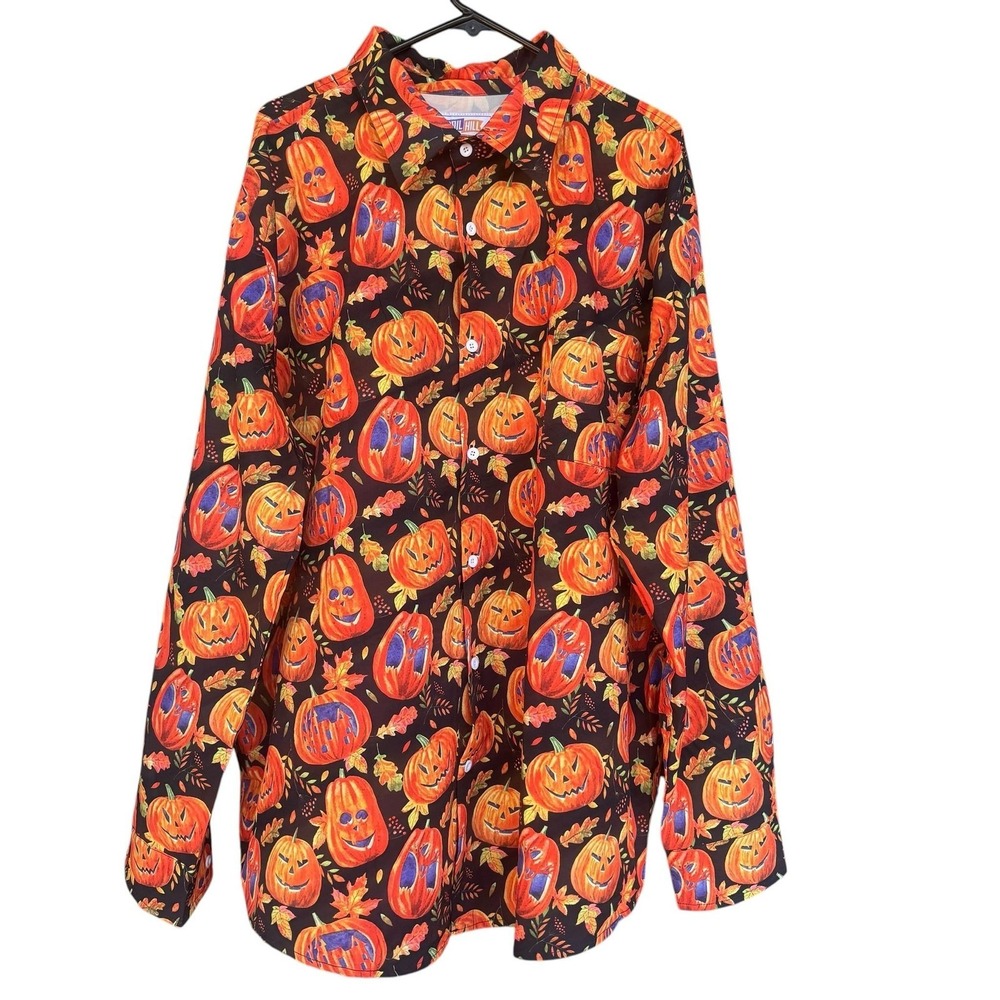 Bull Hill Shirt Mens XL Black Pumpkin Jack O Lantern Halloween Button Up Novelty